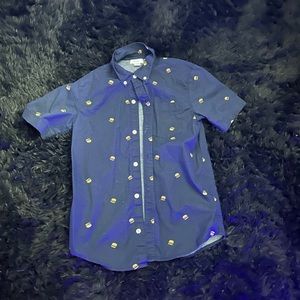 navy blue button down shirt with small hamburgers on it.